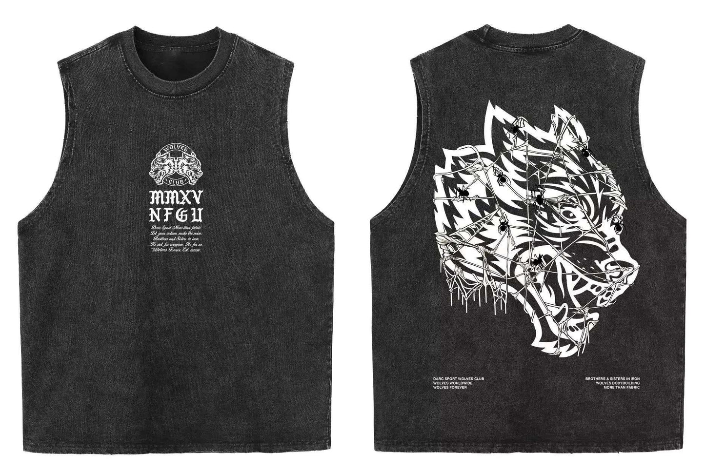 2025 summer American vintage Washed men's T shirt Wolf Head Print Tank Top Gym Fitness Sleeveless T shirt Exercise Vest Women