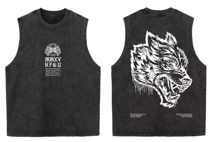 2025 summer American vintage Washed men's T shirt Wolf Head Print Tank Top Gym Fitness Sleeveless T shirt Exercise Vest Women