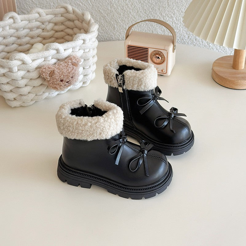 Girls Padded Fashion Leather Boots 2-18 Years Old Thickened Bow Hairy Girls Cotton Shoes Winter Beige Soft Non-slip Kids Boots