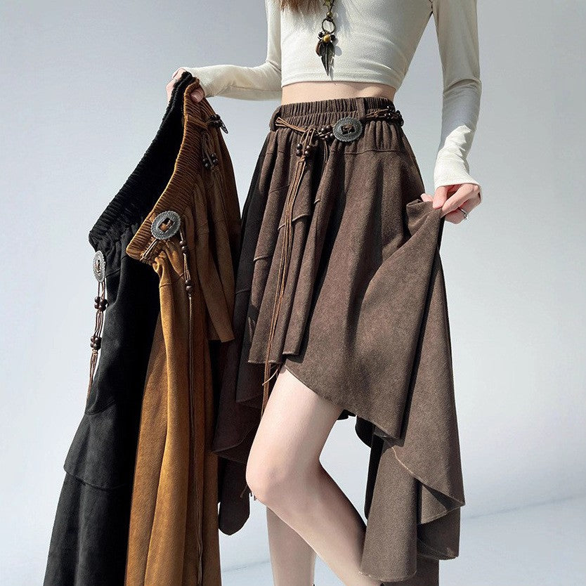 Caramel Suede Half-length Skirt Women's Autumn Winter New Irregular Belt Slim A- Line Midi Umbrella Skirt Comfortable Casual S .