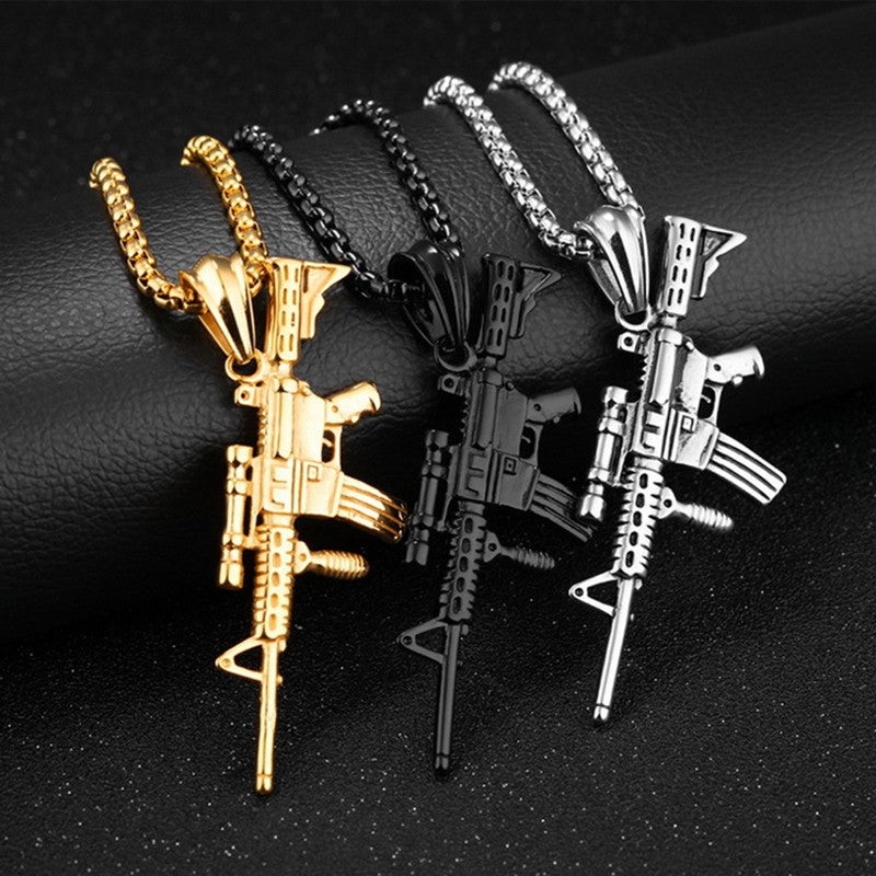 Colar Masculino Pingente Metralhadora Hip Hop Punk Cor Ouro Preto Aço Inoxidável Corrente Acessórios Retrô Joias Hippie Rapper