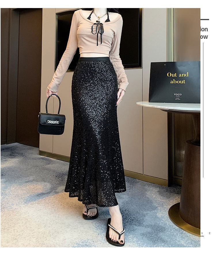 Elegant Sequined Long Black Skirts Women High Waist Party Club Faldas Largas Korean Fashion Y2k Clothes A Line Mid Length Skirt