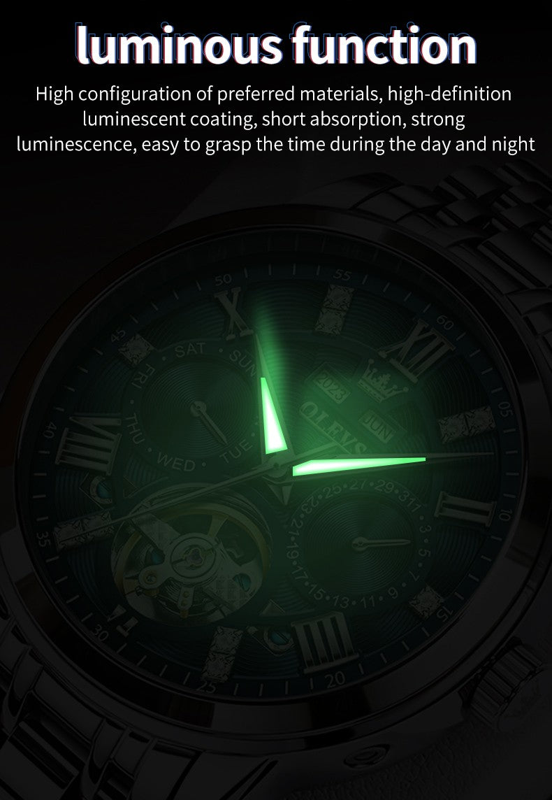 OLEVS Men's Watches Skeketon Flywheel Automatic Mechanical Original Wristwatch for Man Waterproof Luminous Perpetual Calendar