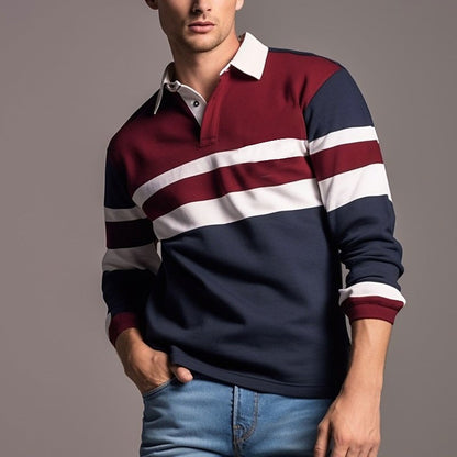 Men's Long Sleeve Polo Shirt 3D Stripes Print Pullover Autumn Business Casual Turn-down Collar Buttoned Oversized Mens Clothing