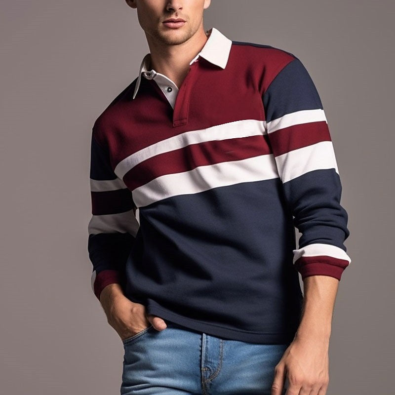 Men's Long Sleeve Polo Shirt 3D Stripes Print Pullover Autumn Business Casual Turn-down Collar Buttoned Oversized Mens Clothing