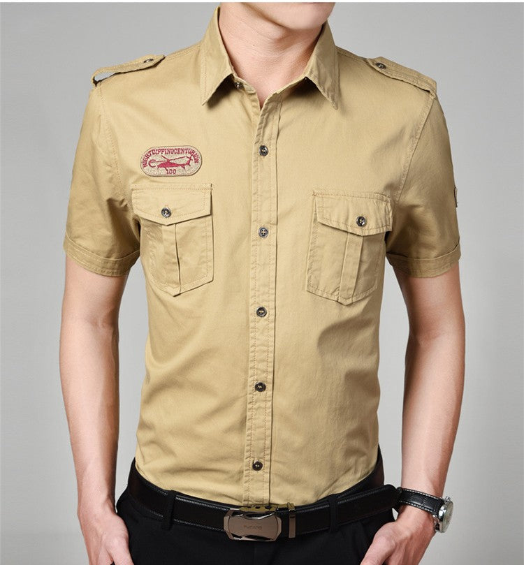 Men Cargo Shirts Summer Military Cotton Short Sleeve Shirts Retro Slim Fit With Pocket Epaulets Half Sleeve Shirts Drop Shipping