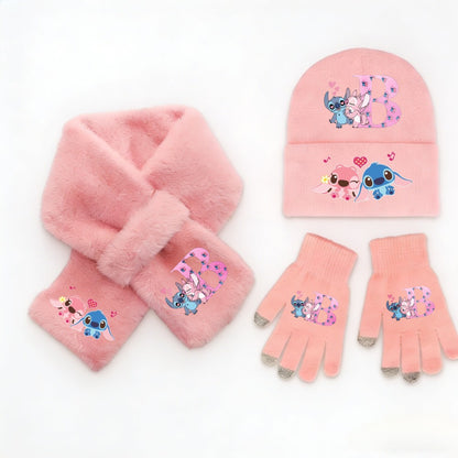 Conjunto 3 Peças Disney Stitch Quente Fofo Menina Crianças Gorro de Malha Cachecol Inverno Acessórios Casuais da Moda Presente Perfeito de Natal e Aniversário