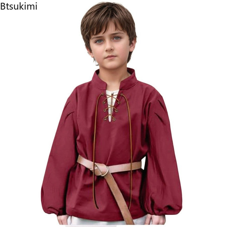 Boys Medieval Pirate Shirt Kids Renaissance Lace up Halloween Scottish Jacobite Ghillie Costume Tops Viking Colonial Costume Top