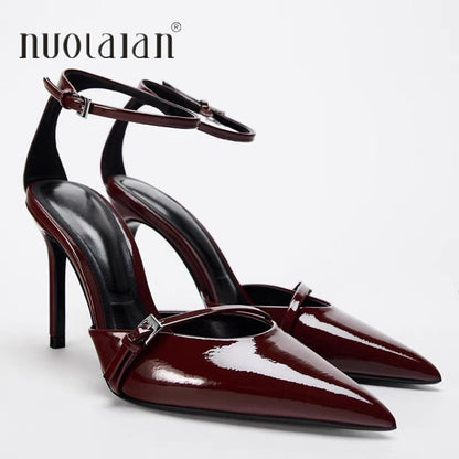 Sexy Pointed Toe High Heel Women Shoes Elegant Ankle Strap Patent Leather Stilettos Luxury Prom Weddings Bridal Pumps for Ladies