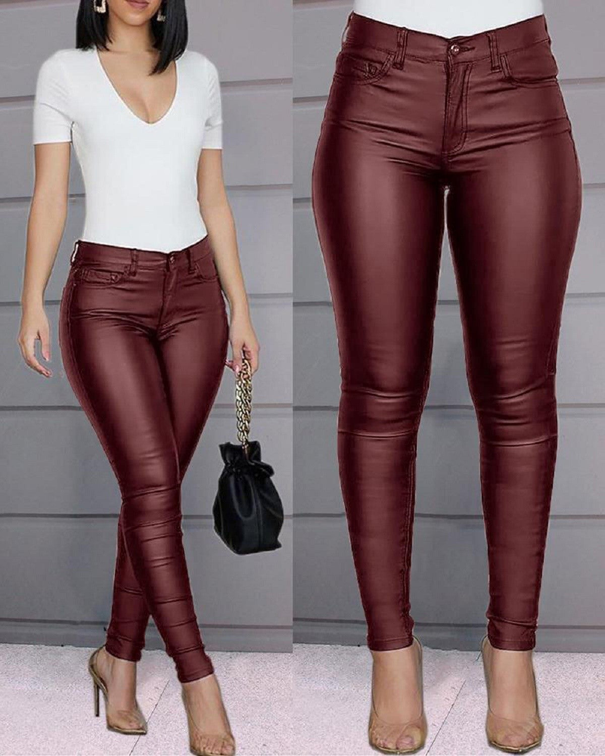 Solid color PU leather pants casual sexy pants