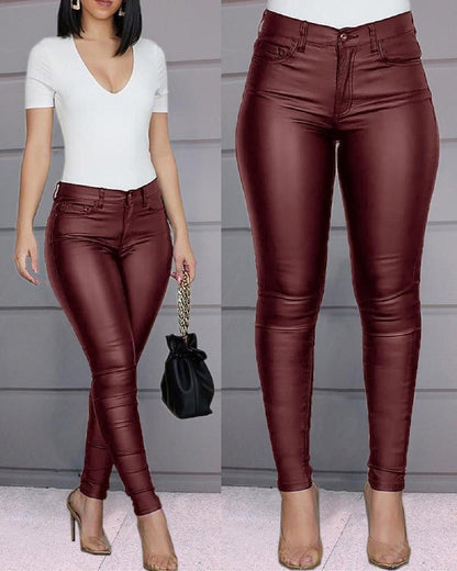 Solid color PU leather pants casual sexy pants