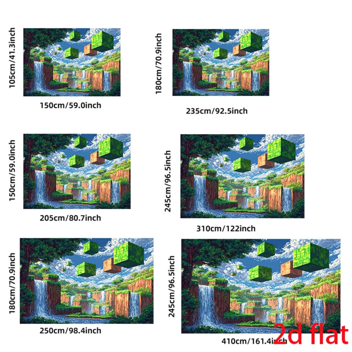 Pixel-style floating cube waterfall landscape 2D flat banner game room decoration digital art tapestry wall hanging, suitable