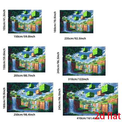 Pixel-style floating cube waterfall landscape 2D flat banner game room decoration digital art tapestry wall hanging, suitable
