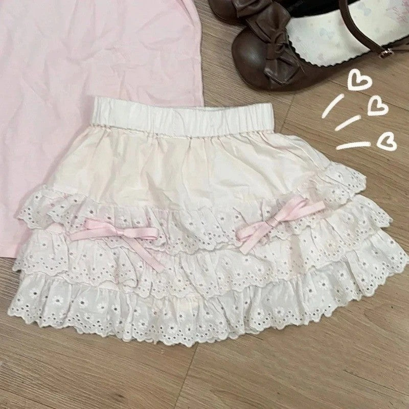Sweet Kawaii Lolita Style Princess Vintage Cake Skirt Women Cute Lace Ruffles Party Mini Skirts Harajuku Y2k Faldas Mujer