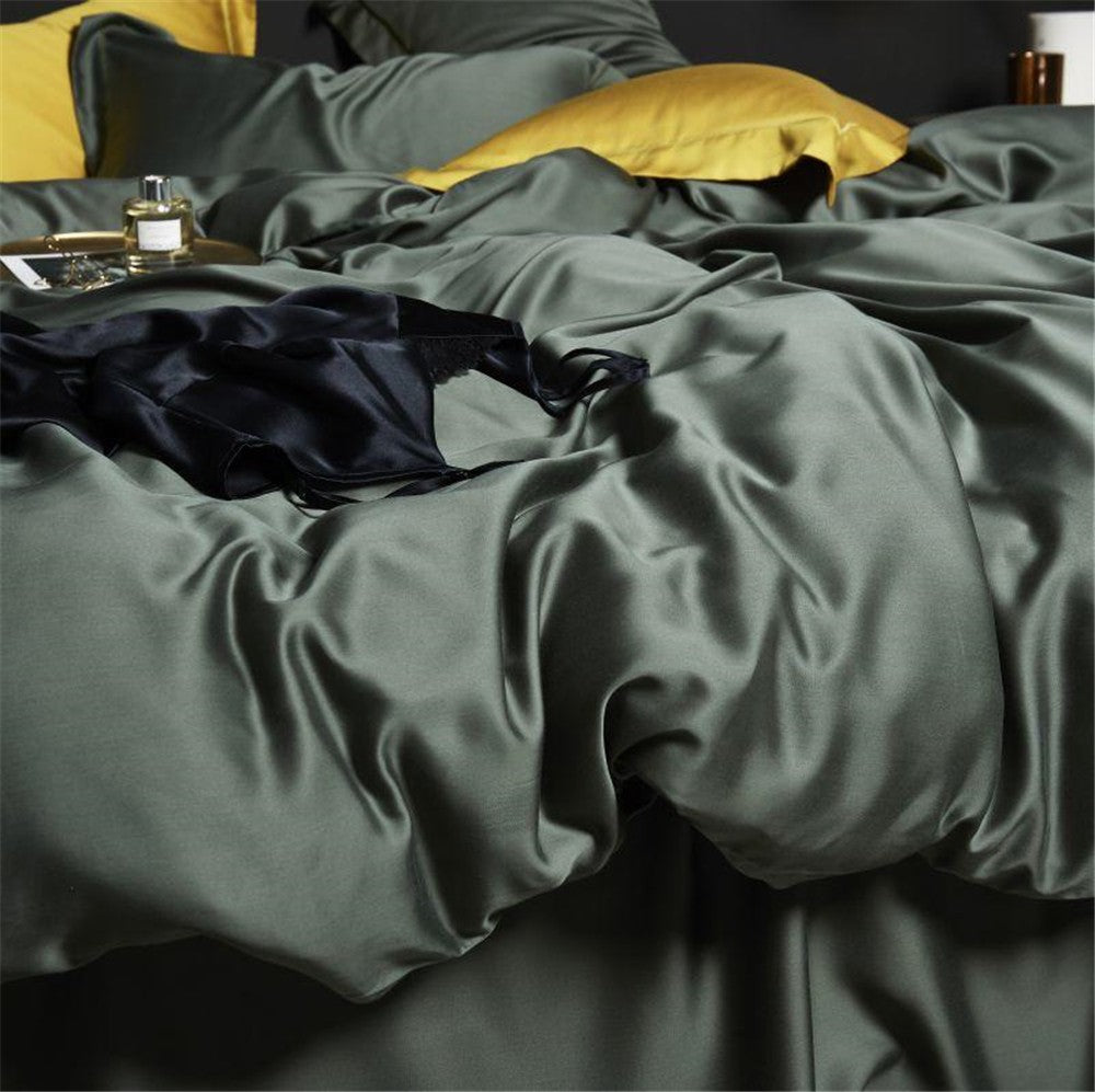 Liv-Esthete Conjunto de Cama Verde Escuro 100% Seda Saudável Pura Seda Luxo Queen King Capa de Edredom Lençol de Elástico Fronha Conjunto de Roupa de Cama