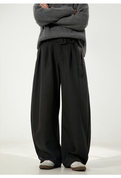 Men's Pleated Drape Curved-Leg Trousers Loose-Fit Straight-Leg Pants Retro-Style Belted Casual Pants