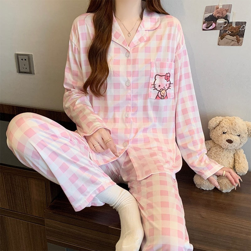 Hello Kitty and Plaid Pajama Set for Women Winter Checked Sleepwear Long Sleeve Home Outfit Autumn Loungewear Korean Fashion