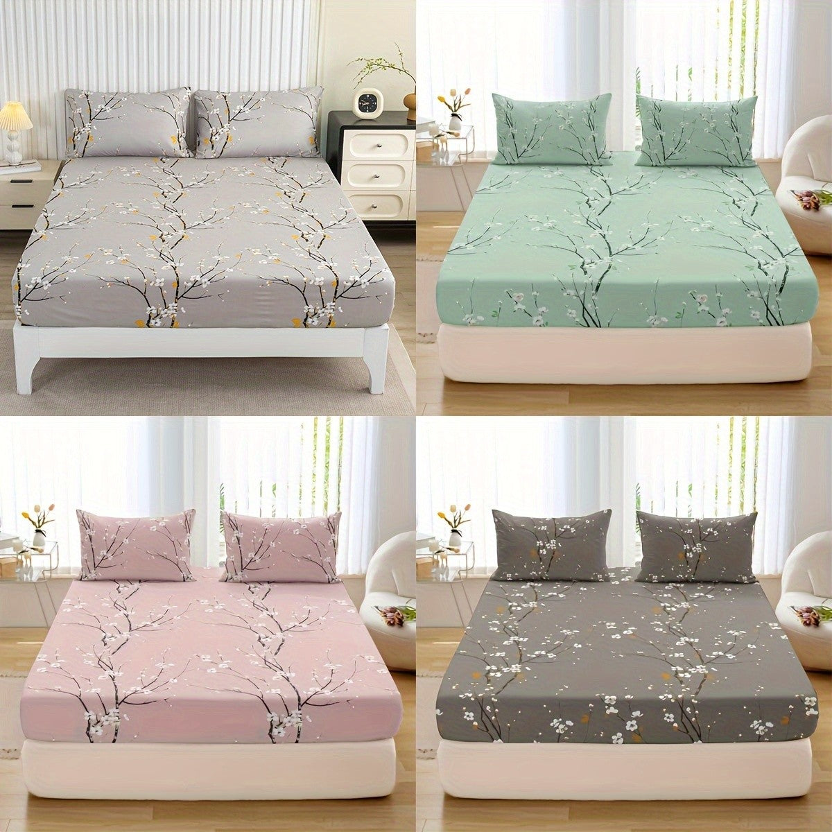 Conjunto de Lençol com Elástico Estampado 3 Peças (1 Lençol com Elástico + 2 Fronhas, Sem Enchimento)