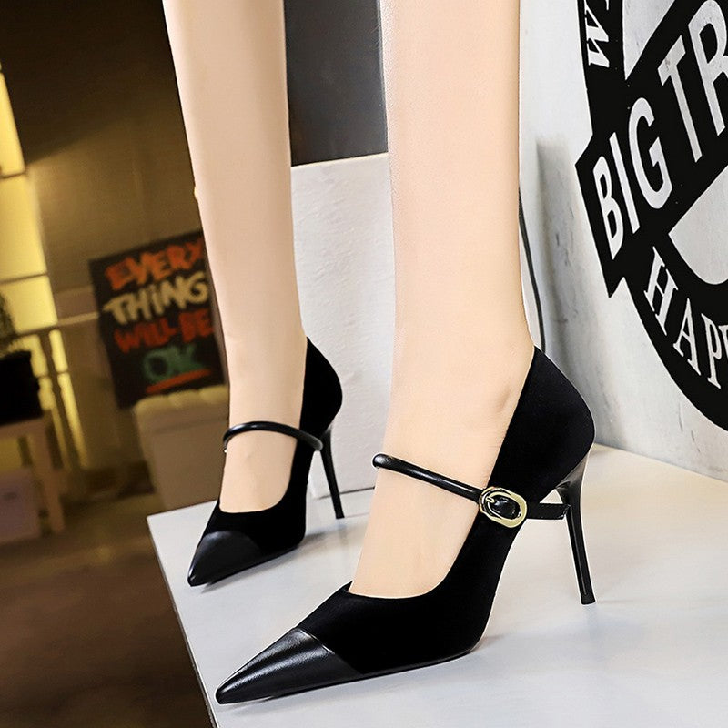 Korean Version Party 10cm 7cm High Heels Women Shoes Thin Heels Velvet Shallow Montage Pointed Toe Metal One-line Buckle Pumps