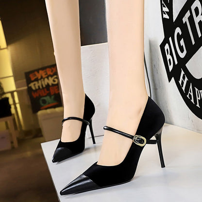 Korean Version Party 10cm 7cm High Heels Women Shoes Thin Heels Velvet Shallow Montage Pointed Toe Metal One-line Buckle Pumps