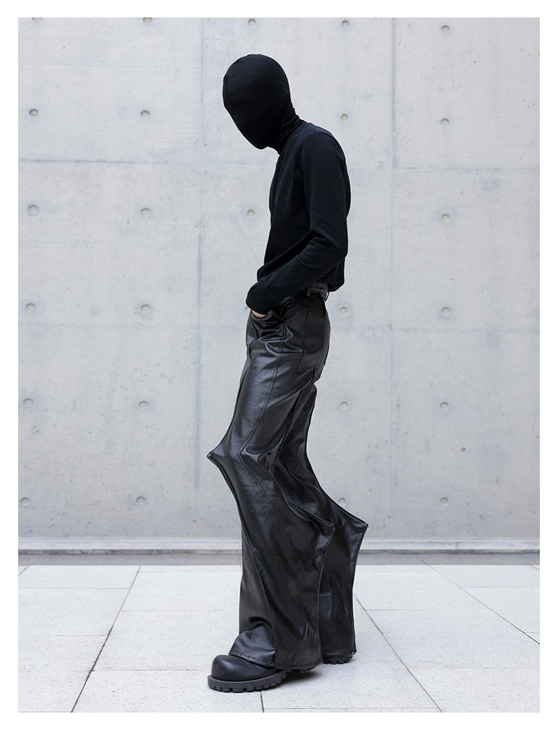 Mauroicardi Autumn Long Black Waterproof Hard Pu Leather Flare Pants Men Cool Luxury Designer Clothes Streetwear Runway Fashion