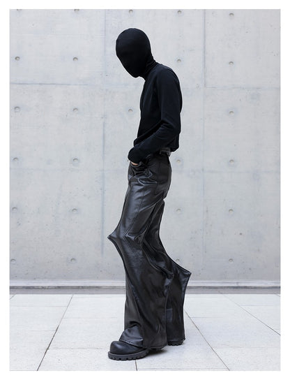 Mauroicardi Autumn Long Black Waterproof Hard Pu Leather Flare Pants Men Cool Luxury Designer Clothes Streetwear Runway Fashion