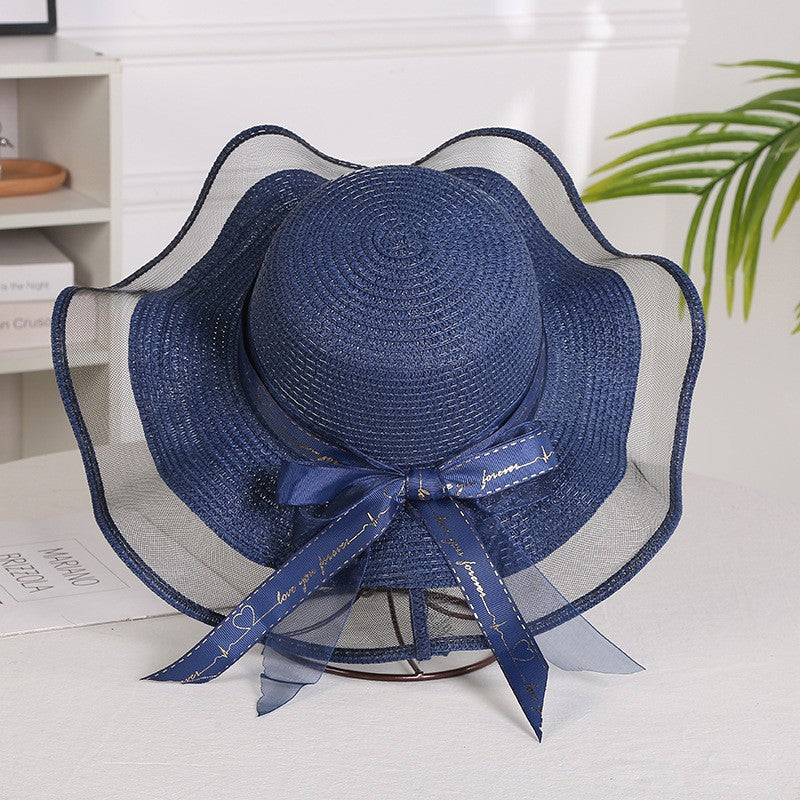 Chapéu de sol feminino dobrável de aba larga com laço, chapéu de palha elegante para proteção solar, moda praia 2021 gorras
