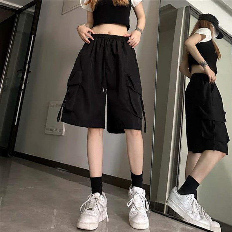 Y2K Cargo Shorts Women Harajuku Black Oversized Wide Leg Shorts Summer Streetwear Fashion High Waist Baggy Lady Short Pants Pink