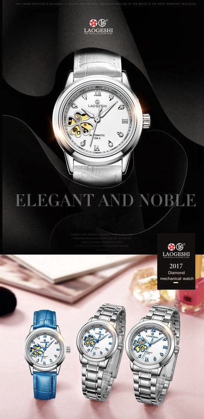 Women Automatic Mechanical Watches Diamond Four-leaf Clover WristWatches Ladies Rose Leather Watch Waterproof Senhoras Assistir