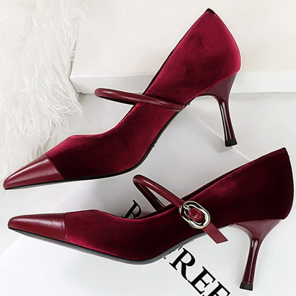 Korean Version Party 10cm 7cm High Heels Women Shoes Thin Heels Velvet Shallow Montage Pointed Toe Metal One-line Buckle Pumps
