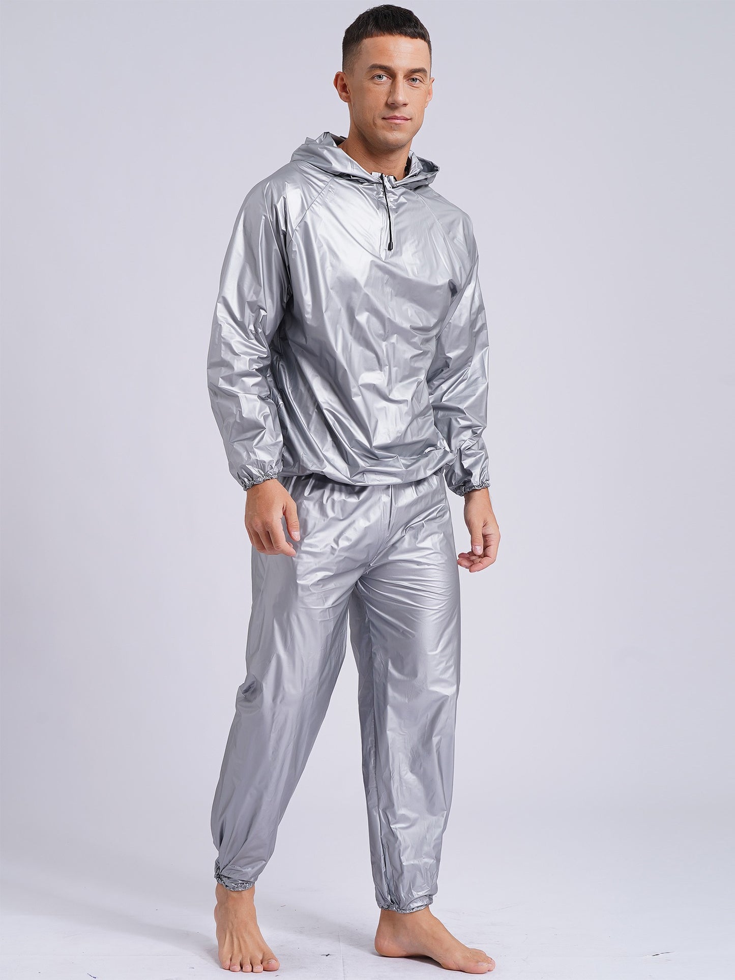 Mens Pullover Style PVC Sweating Suit for Boxing Gym Workout Fitness Sauna Sweat Outfit Hooded Jacket Outerwear And Long Pants