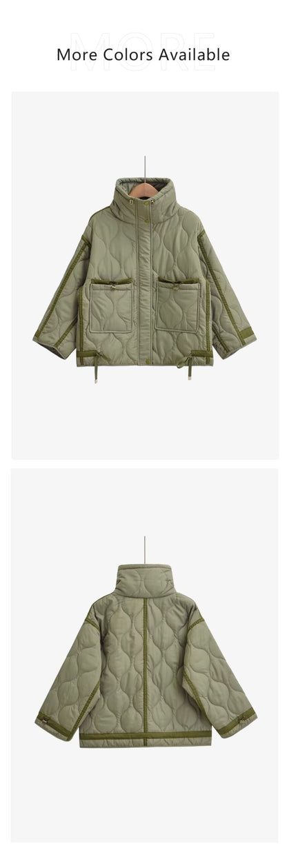 2024 autumn new women's fashion pocket decoration loose long sleeved stand collar diamond grid cotton jacket short jacket