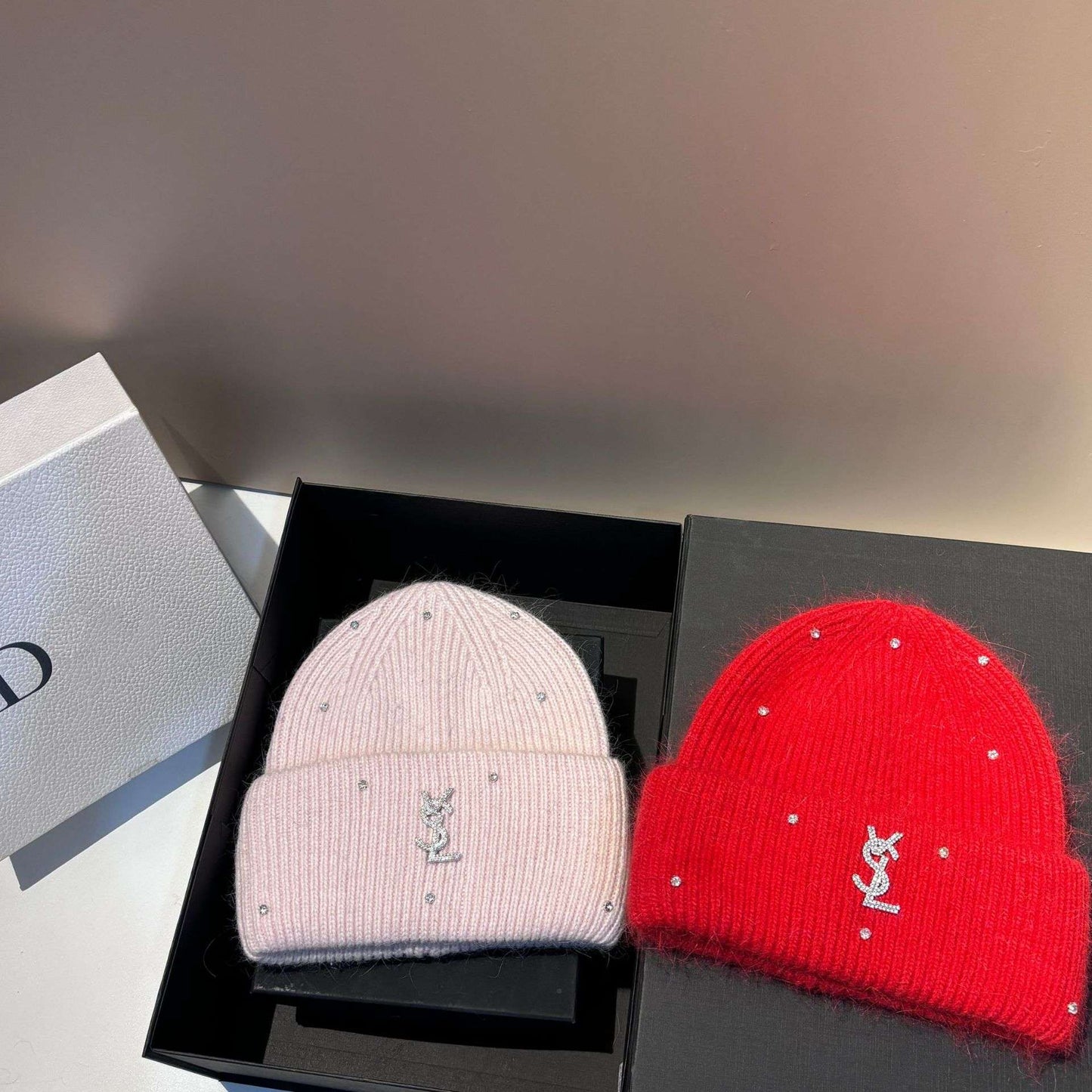 Rhinestone Decor Rabbit Fur Knitted Hat Warm Ear Flap Beanie for Women Luxury Soft Slouchy Cap Face Slimming Design