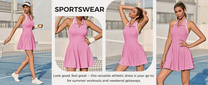 Fisoow Women's Tennis Skirt with Built in Shorts and Bra, Summer Backless Hanging Neck V-neck Yoga Golf Exercise Mini Dress