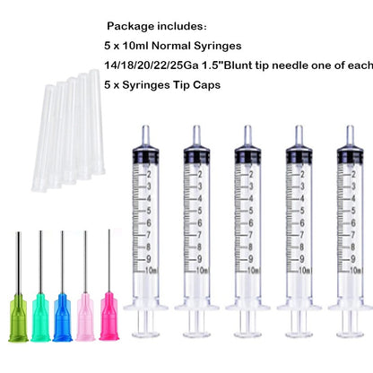 Seringa Luer de 1/3/5/10ML com Agulha de Ponta Romba de 14-25Ga 1,5" e Conjunto de Tampa de Agulhas de Distribuição de Aço Inoxidável para Mistura de Líquidos