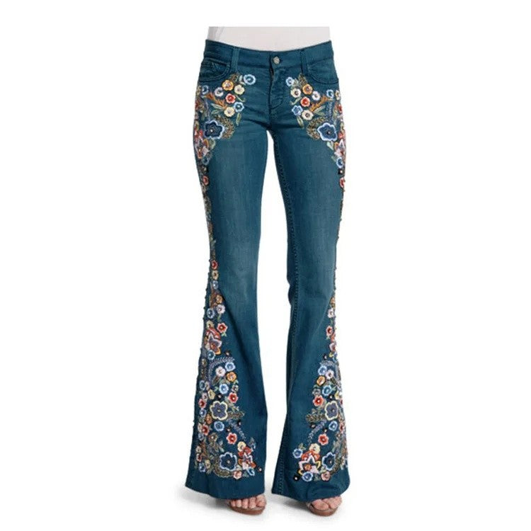 Slimming Women's Denim Jeans Embroidered Washed Bell Bottoms Mid Waist Jeans Chinese Manufacturer Wholesale Retail
