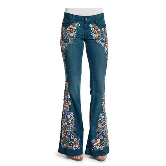 Slimming Women's Denim Jeans Embroidered Washed Bell Bottoms Mid Waist Jeans Chinese Manufacturer Wholesale Retail