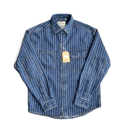 Spring New American Retro Heavyweight Denim Cargo Striped Shirt Men's Simple 100% Cotton Washed Old Casual Blouses Thin Jacket