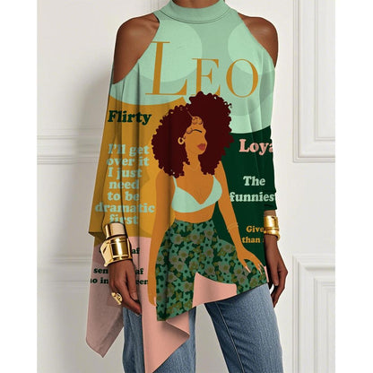 European And American Trendy Printed Off-the-shoulder Skirt Irregular Hem Design Dress Fashionable Loose Long-sleeved T-shirt