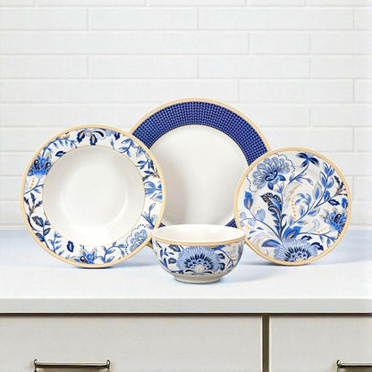 Bone China Dinnerware Set of 24 for 6 pers. Dessert Plate Dinner Plate Soup Plate with Serving Bowls (Melodie de Fleurs)