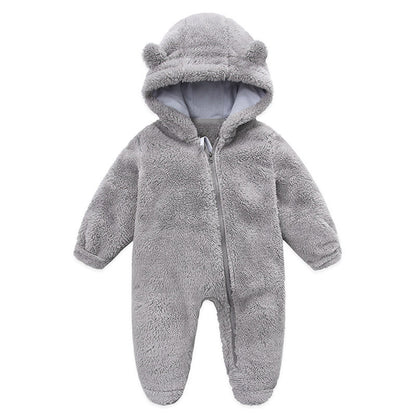 0-12M Baby Plush Warm Jumpsuits Boys Girls Long Sleeve Hooded Zipper Romper Newborn Infant Fall Winter Clothes