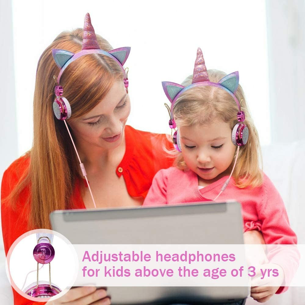 Unicorn Kids Pink Headphones for Girls Children Teens Wired Headset w/Microphonefor School Birthday Xmas Unicorn Gift