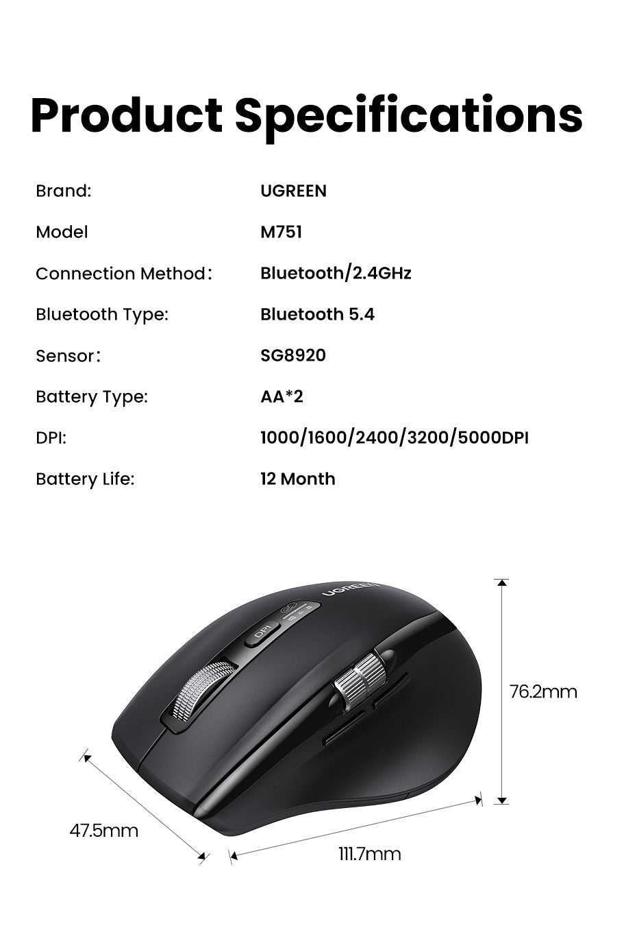 Mouse sem fio UGREEN de rolagem ultrarrápida Bluetooth 5.4 2.4G Ergonômico 5000DPI para MacBook Tablet Laptops Computadores PC