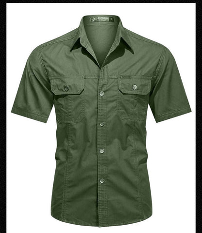 Men's Streetwear Casual Button Down Military Cargo Shirt Short Sleeve Cotton Dress Shirts For Hiking Fishing Golf Polos Shirts