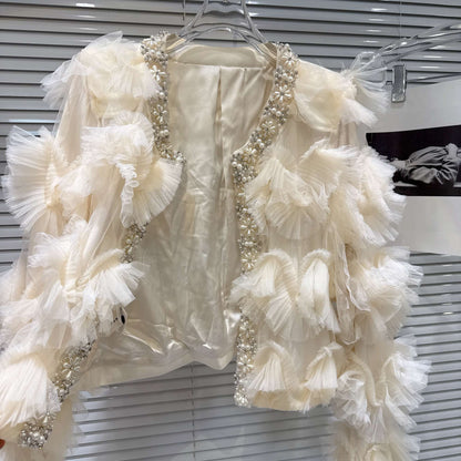 2025 Autumn New French Pearl Lace Layered Mesh Jacket Top