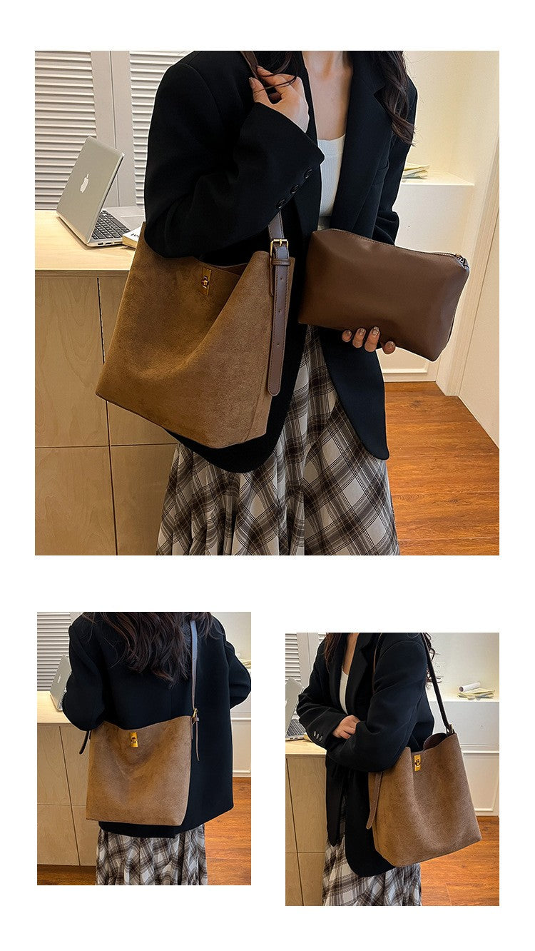 Autumn/Winter Bucket Bag Retro Suede Fur Large Capacity Tote Bag for Women, New Style Versatile Shoulder & Crossbody Bag