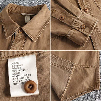 2025 Autumn New American Retro Woven Twill Cargo Shirt Men's Fashion 100% Cotton Washed Long Sleeve Double Pocket Casual Jacket