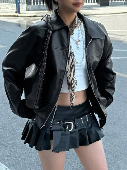 Autumn Women's Faux Leather Jackets 2025 Fall Long Sleeve Bomber Jacket Lapel Zip Up Motorcycle Coats Winter Clothing