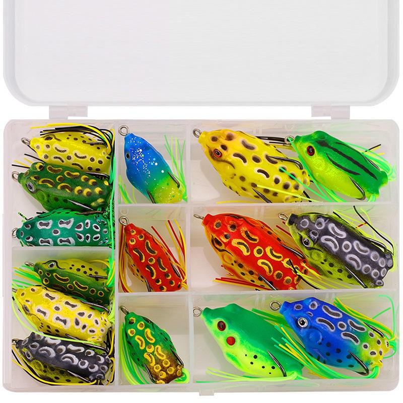 WEIHE 5pcs/15pcs iscas de pesca de sapo combo kit de iscas de pesca macias caixa de equipamento kits de pesca sapos de PVC unidade