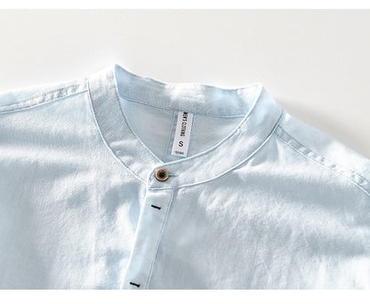 2024 Men's Linen Long-sleeved Shirt with Stand Collar, Youth Casual Loose Men's Cotton and Linen White Shirt.Beach Vacation Top